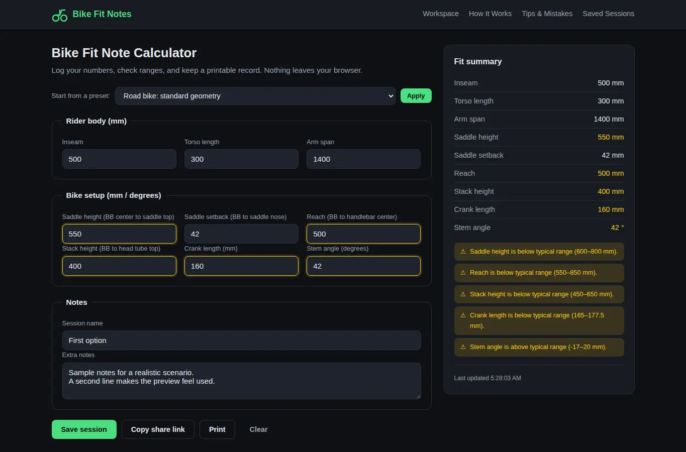 Screenshot of Bike Fit Note Calculator interface showing the project page in use